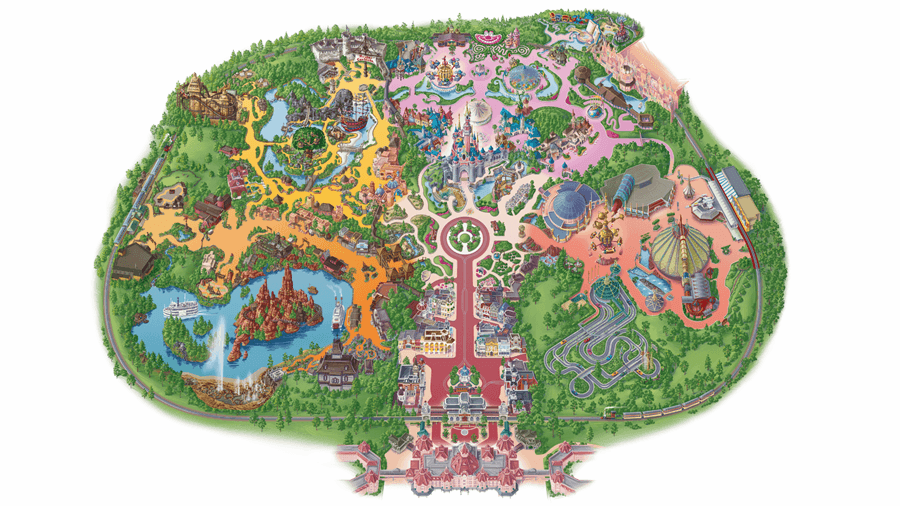 Illustrated map of Disneyland Park showing its themed lands and attractions