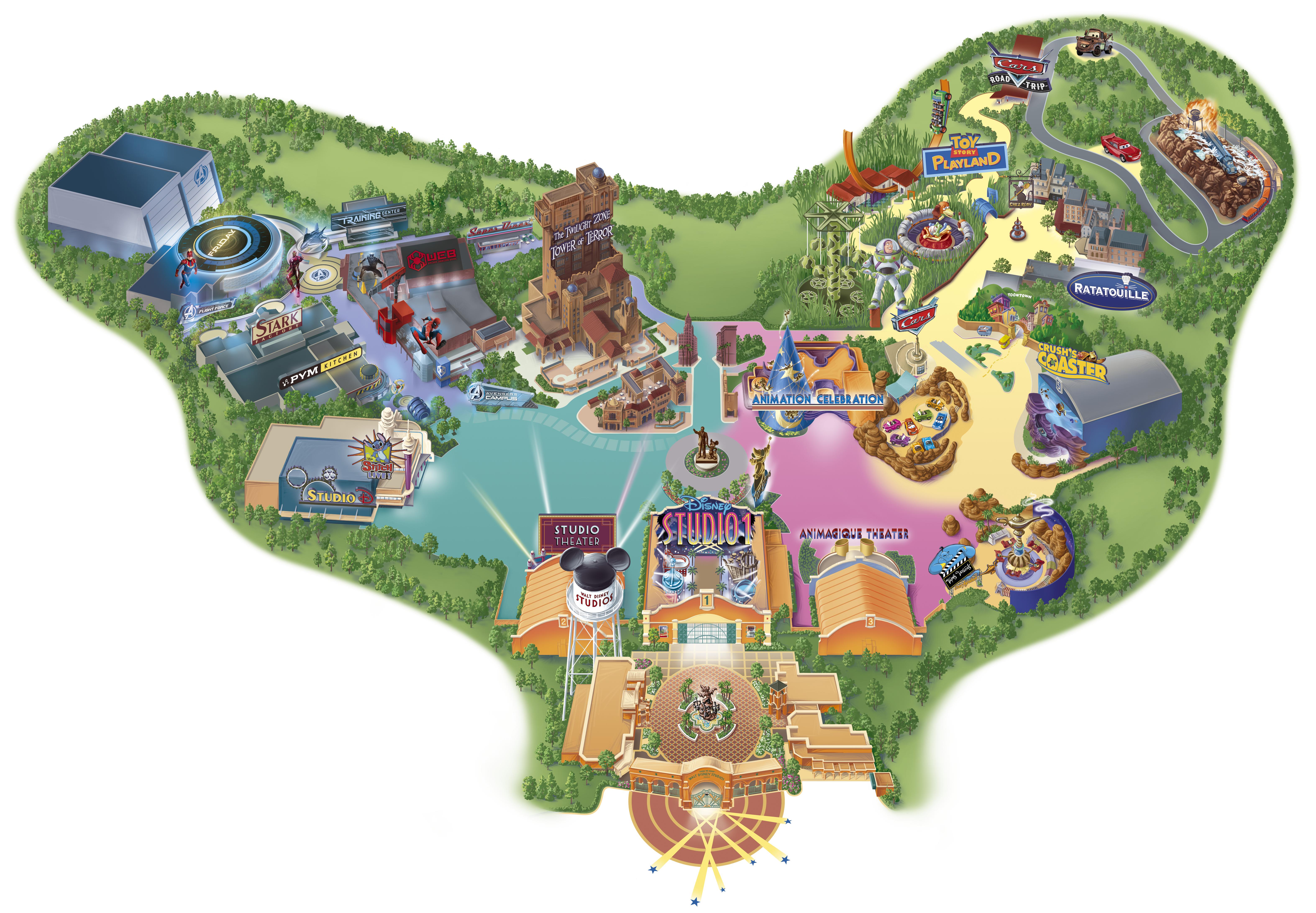 Illustrated map of Walt Disney Studios® Park showing its Disney, Pixar and MARVEL-themed zones